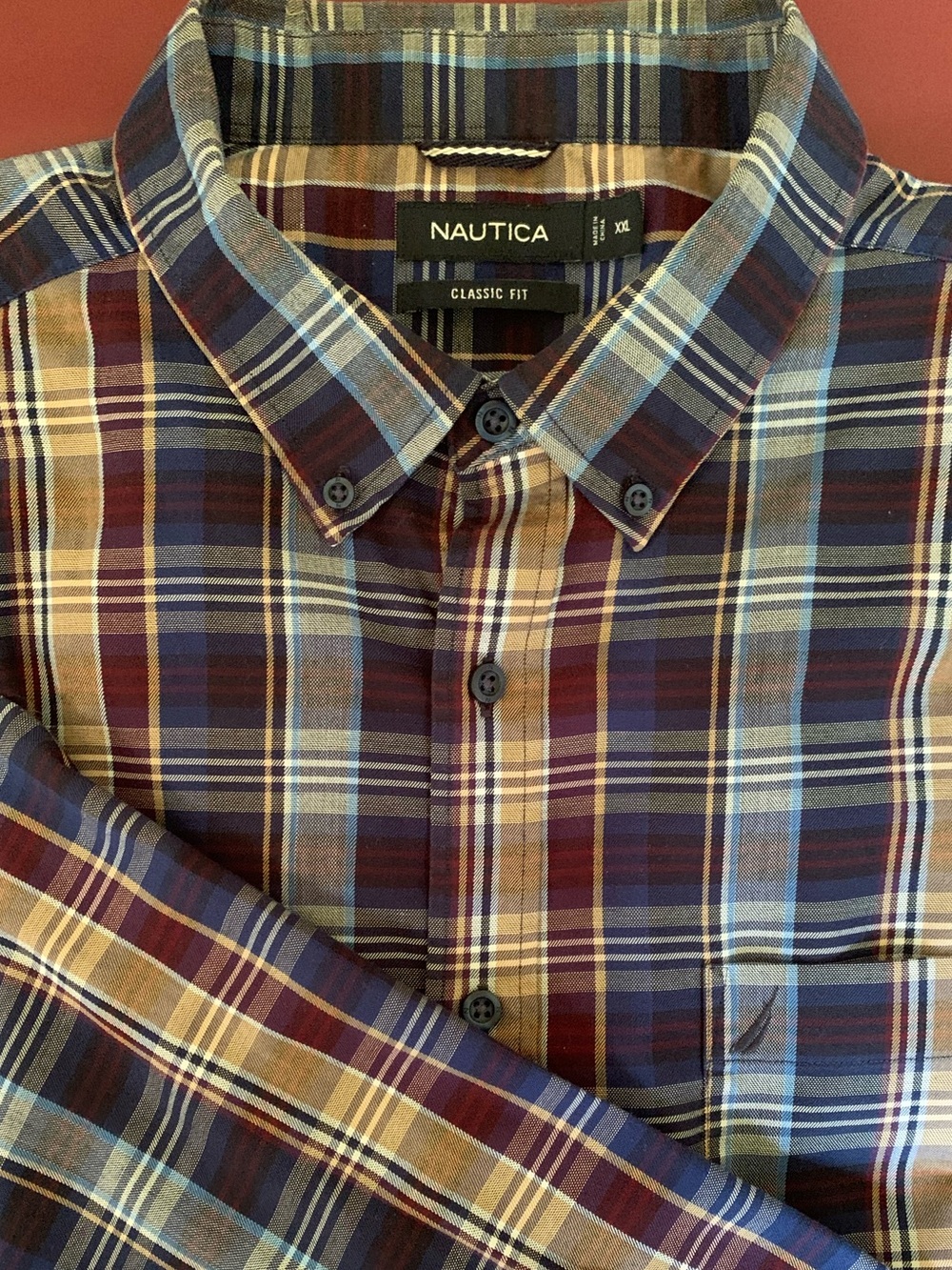 Nautica Plaid Button-Down Shirt in Blue, Brown & Tan